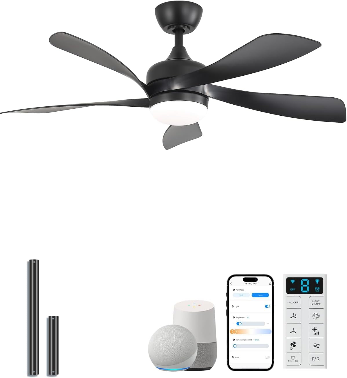 Black five-blade ceiling fan with integrated round light, shown above smart speaker, phone app and remote control.