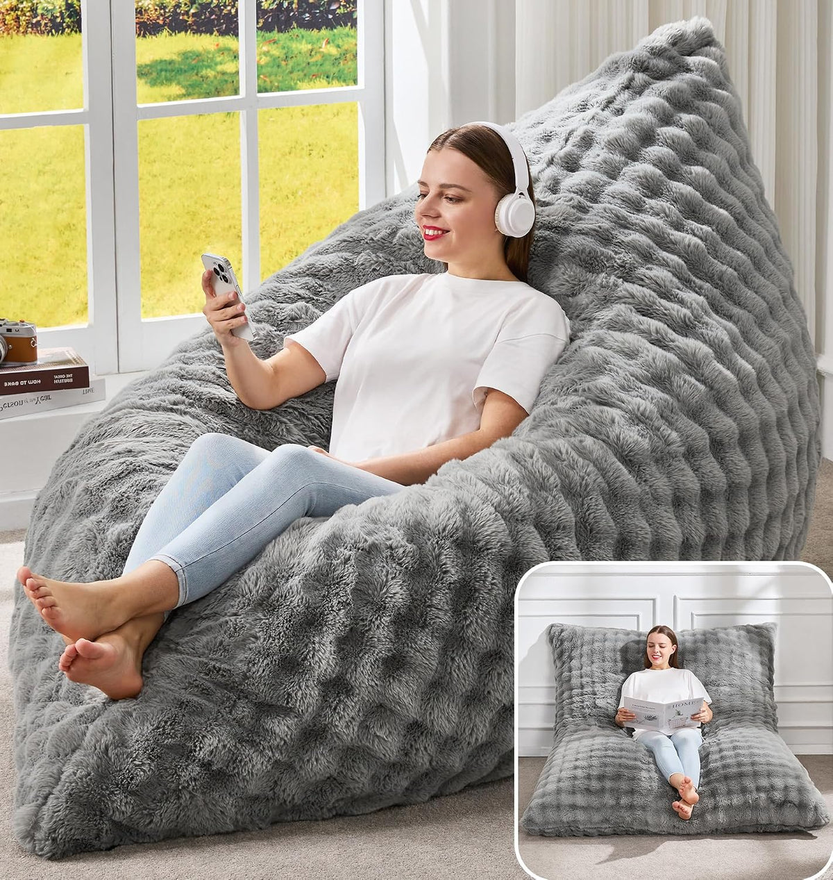 Woman reclining on a large light gray plush bag chair near a sunny window, inset shows flat lounge position.