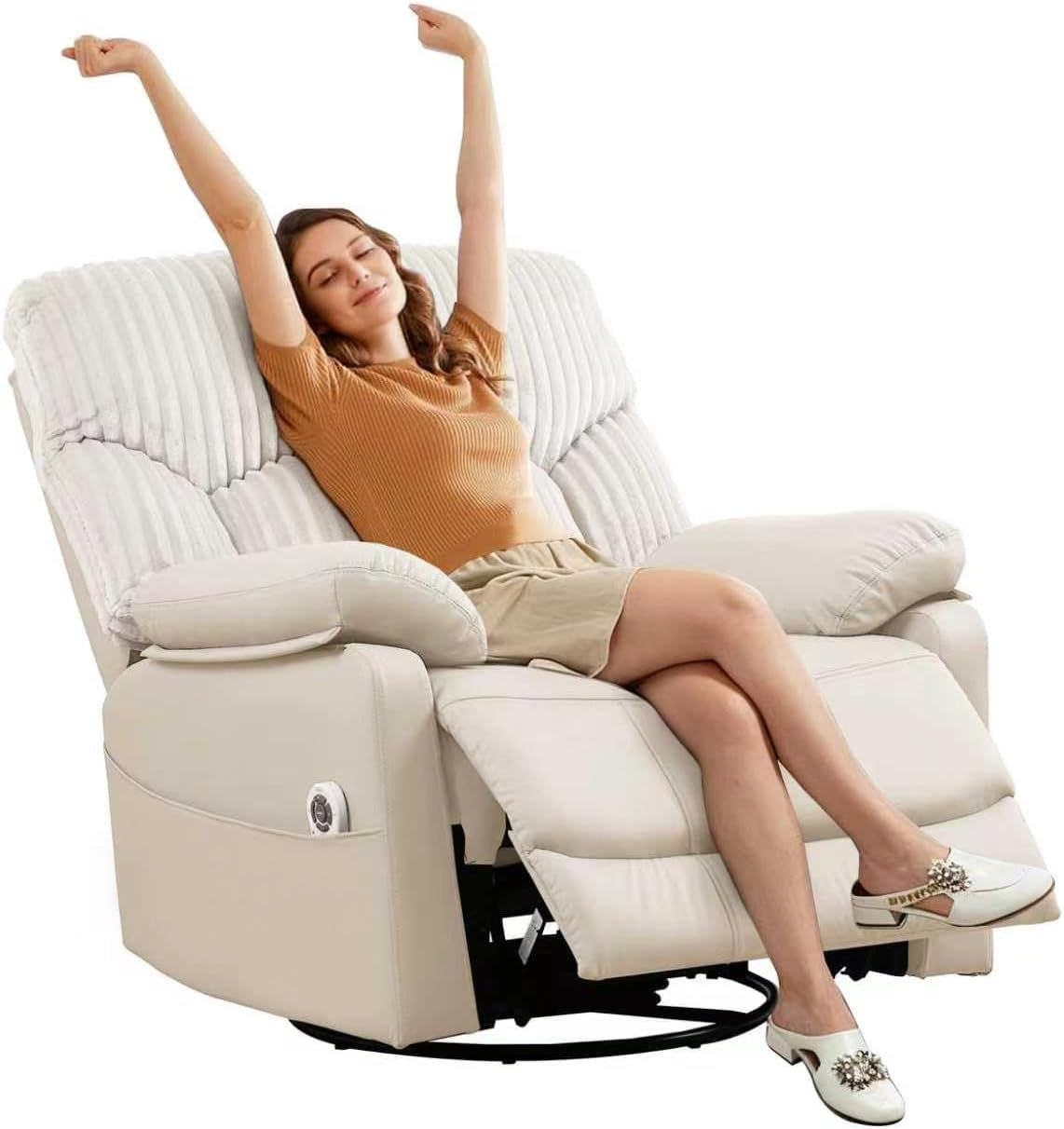 Three-quarter view of an ivory recliner with padded arms and footrest extended and woman stretching.
