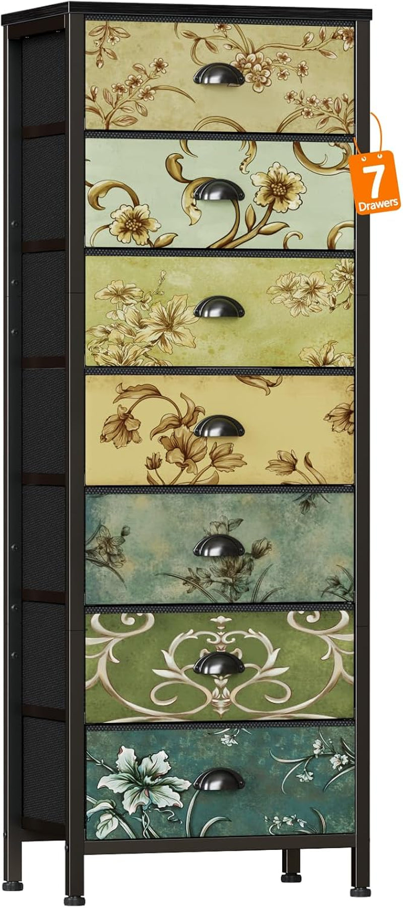 Tall framed storage cabinet showing seven stacked floral drawer fronts and cup-style handles.