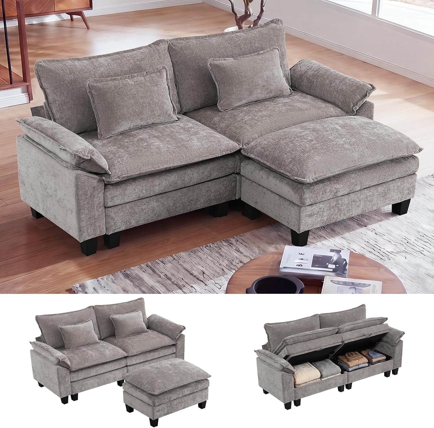 85" Modular Sectional Sofa with Storage, L-Shaped Comfy Cloud Couch | Deep Seat, Moveable Ottoman, Throw Pillows, Sofa Sleeper, Cloud Comfort Couches for Living Room Bedroom, Chenille Beige