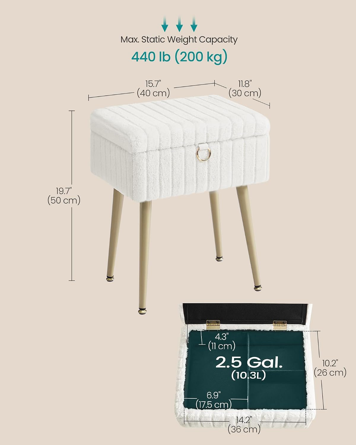 Three-quarter view of the white plush stool with measurement arrows and inset showing open storage compartment