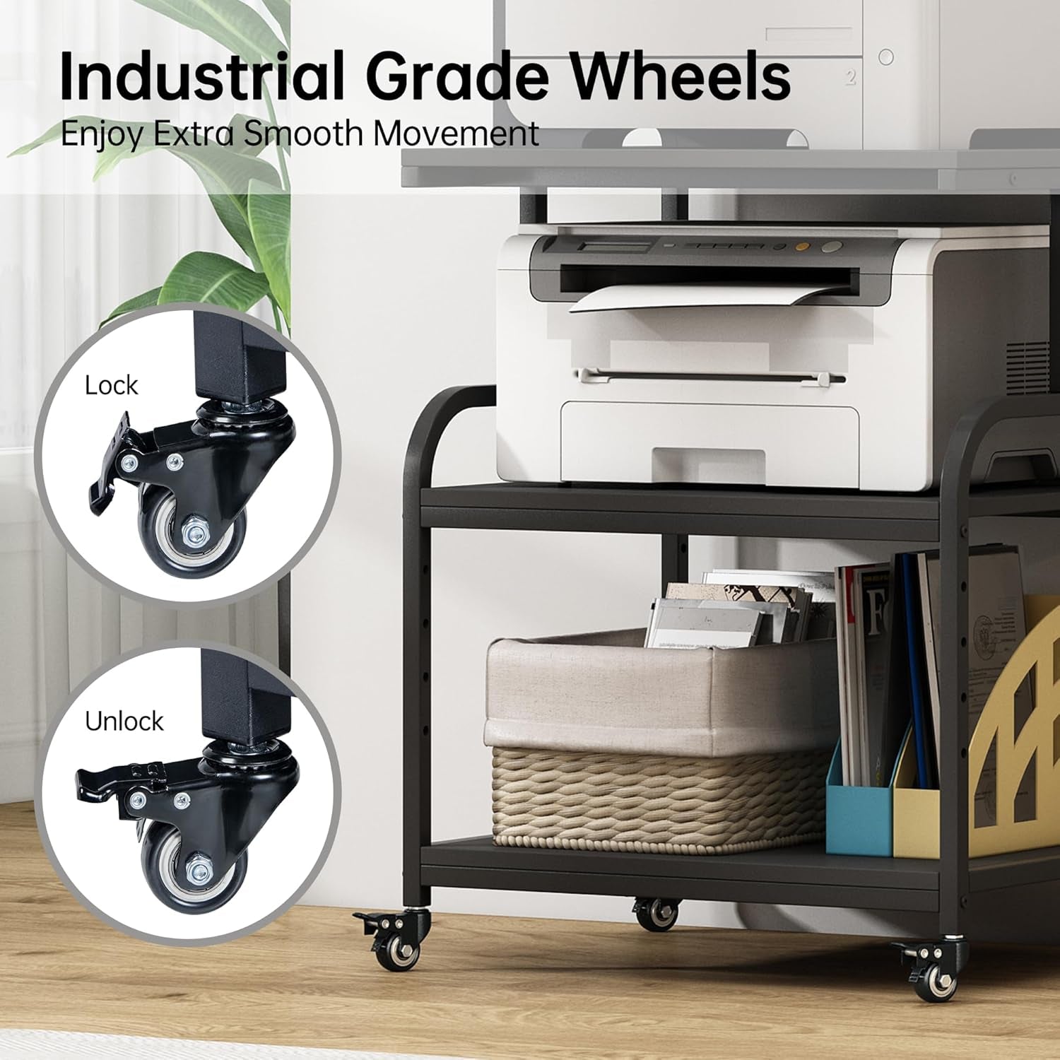 Detail view of industrial-grade caster wheels with lock and unlock lever on the black printer stand