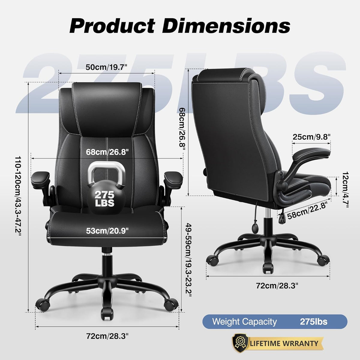 Diagram showing front and side views of the chair with measurement callouts and a weight capacity badge