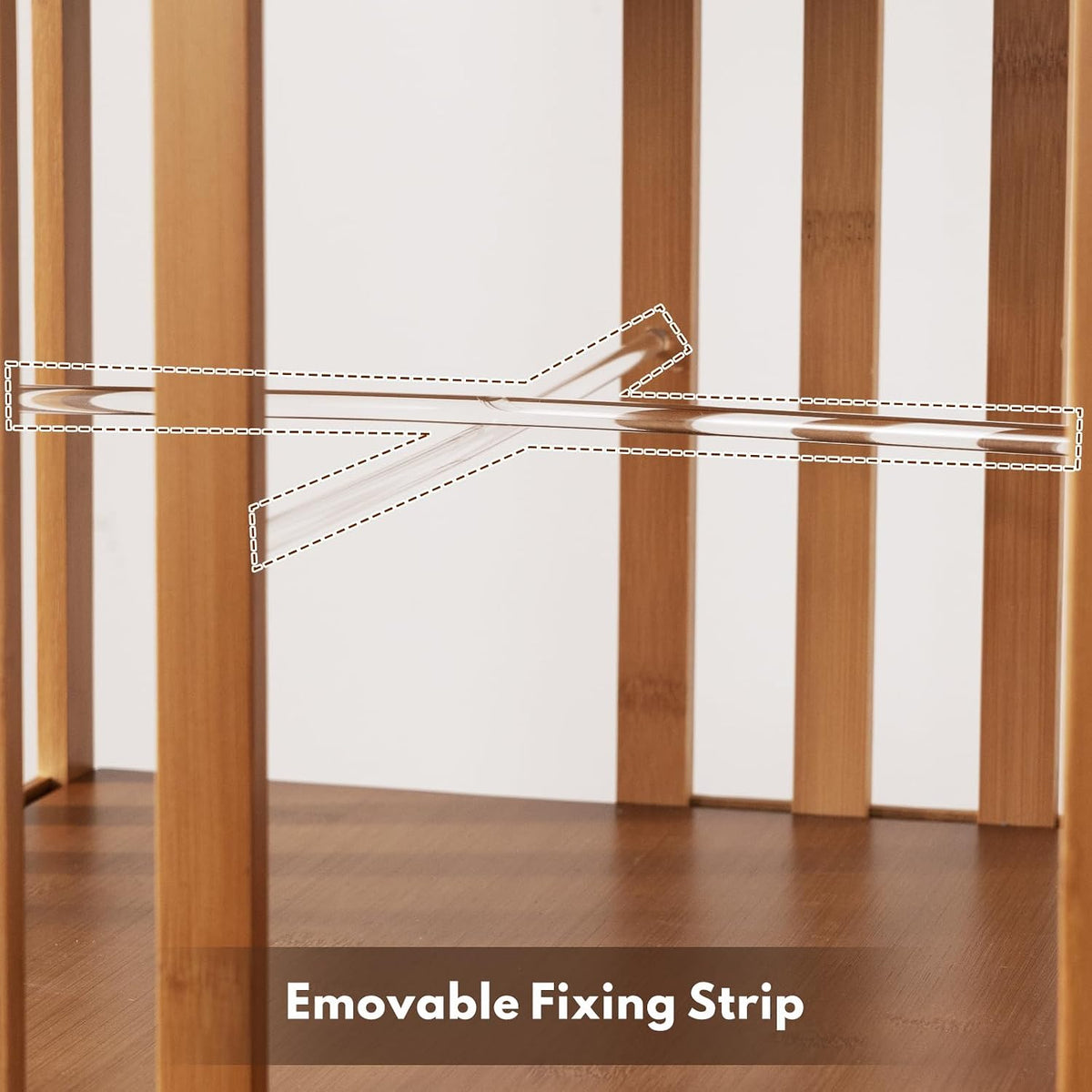 Close-up of a clear removable fixing strip fitted across the slatted bamboo interior.