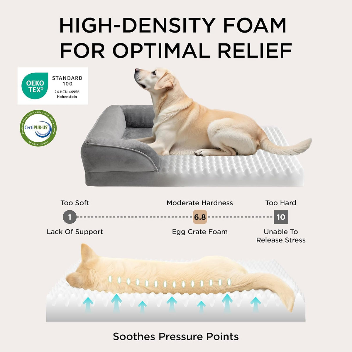 Graphic showing egg‑crate foam cross-section with a dog illustrating pressure‑relief points