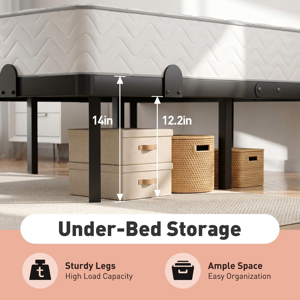 Low-angle close view of a black metal bed frame edge and legs with storage boxes and woven baskets tucked underneath