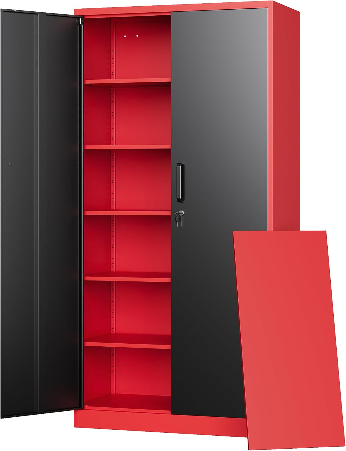 Red-bodied cabinet with a black door open to show five red interior shelves and a matching red panel propped beside it.