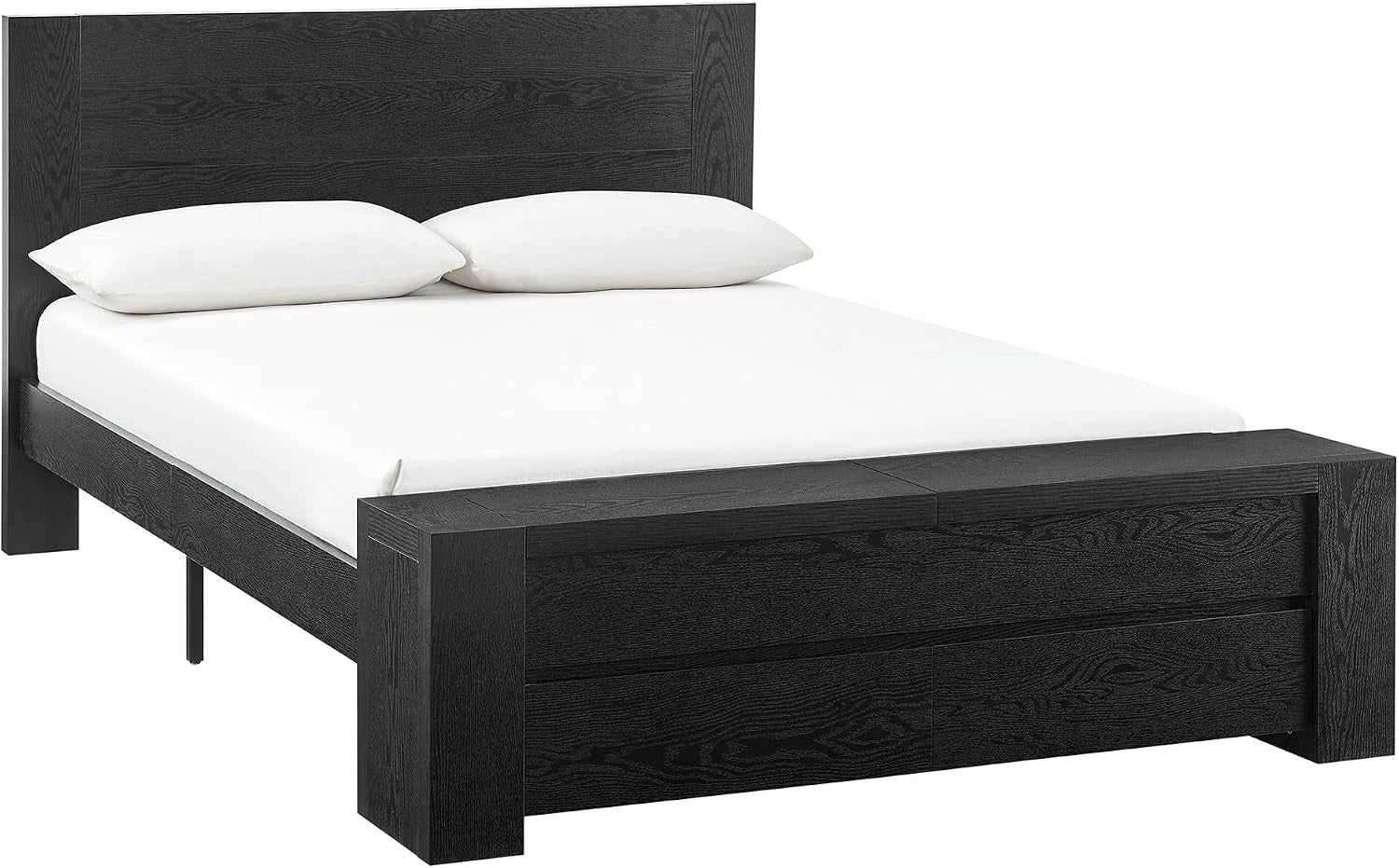 Isolated three-quarter view of the platform bed with headboard and solid footboard on a white background.