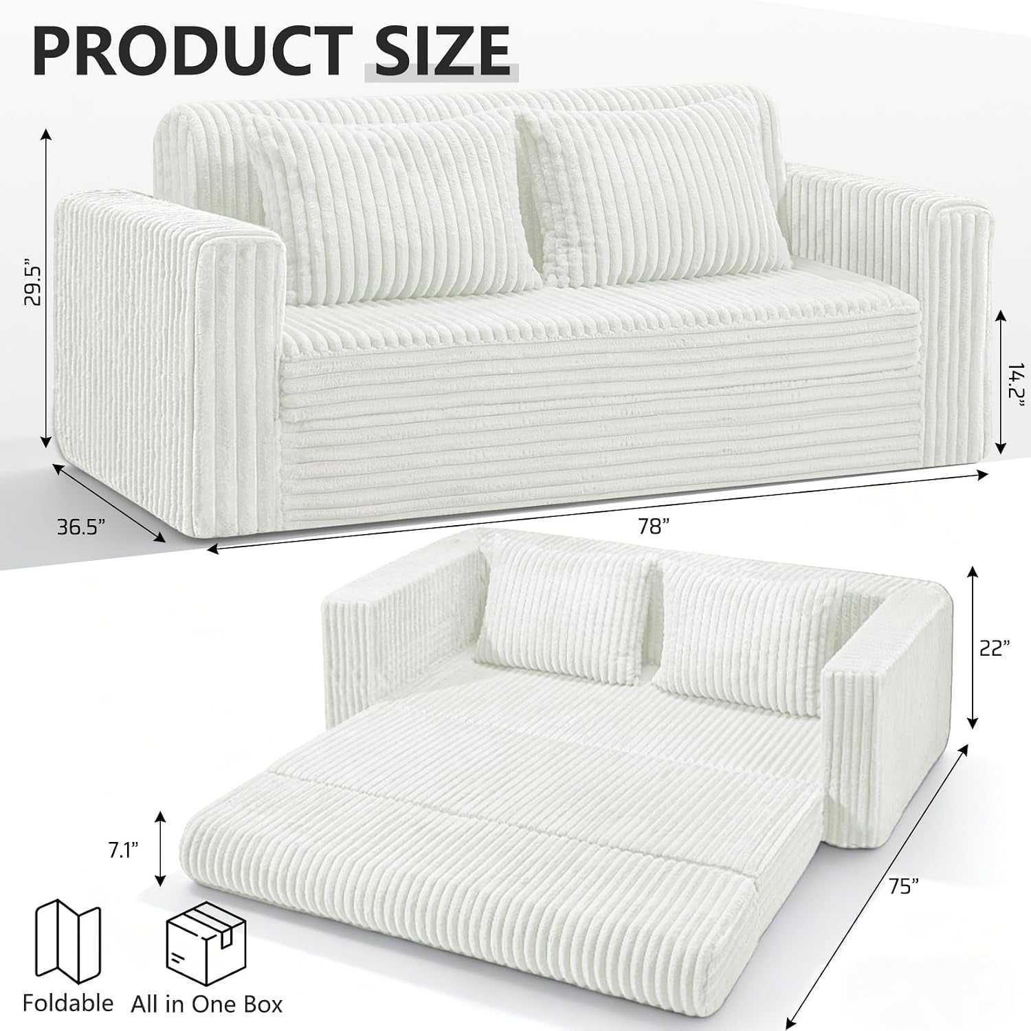 Diagram showing 78" length, 36.5" depth and 29.5" height with the sofa partially unfolded into a bed
