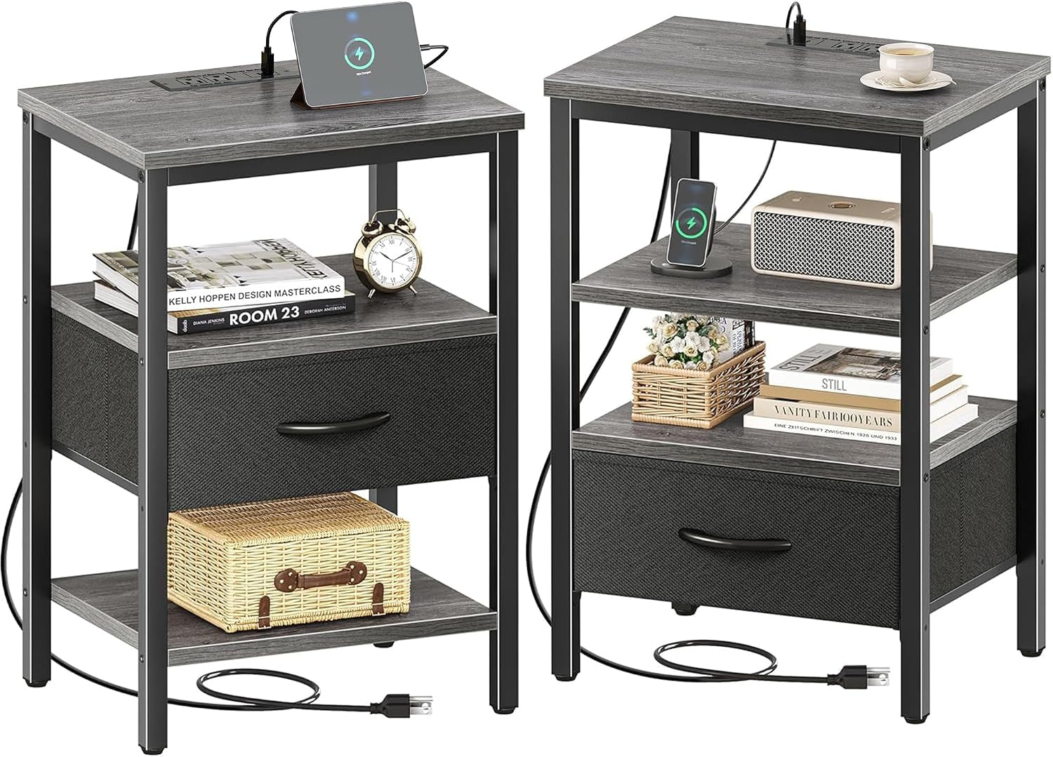 Two nightstand variants side-by-side showing different finishes, each with fabric drawer and cords visible