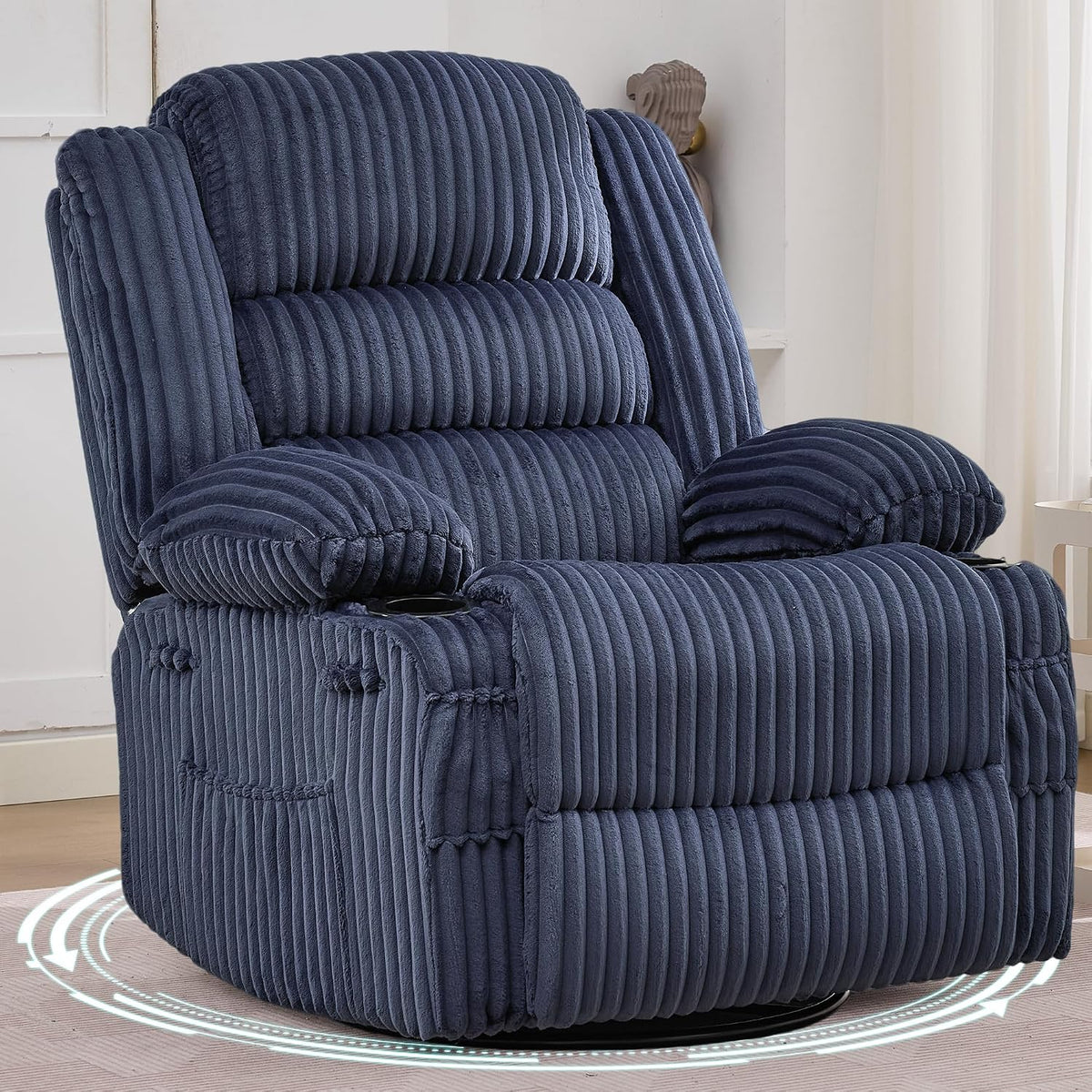 Close front-right view of a navy corduroy swivel recliner with plush vertical channels and padded armrests.