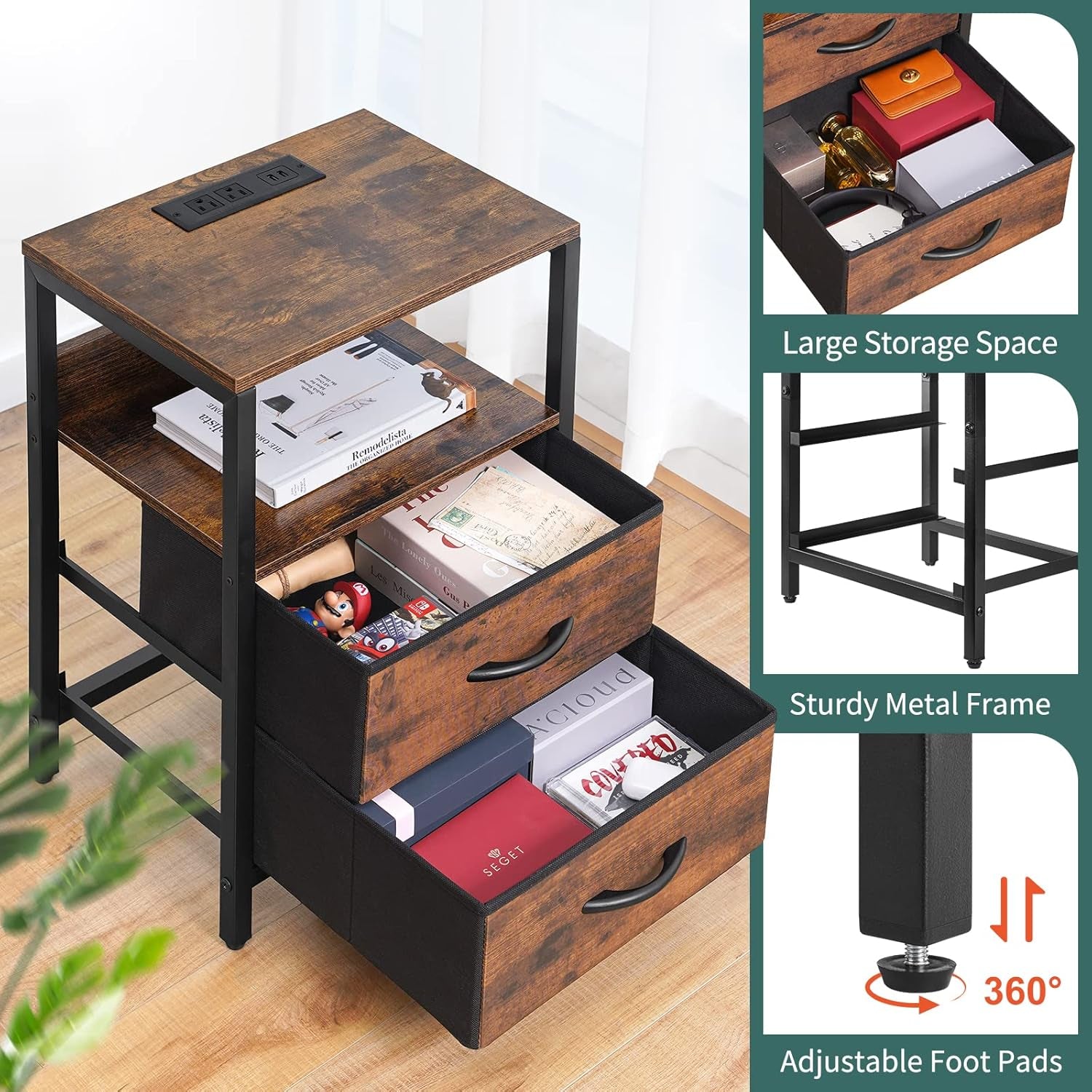 Nightstand staged on wood floor with drawers open showing storage, frame close-up and adjustable foot pad inset.