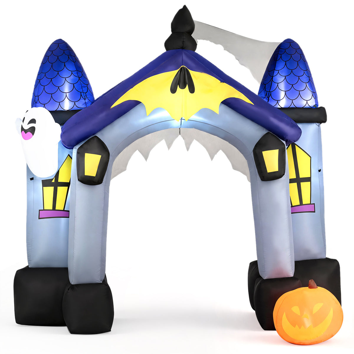 A front view of the inflatable arch on a white background, showing its ghost, bat, castle towers and pumpkin.