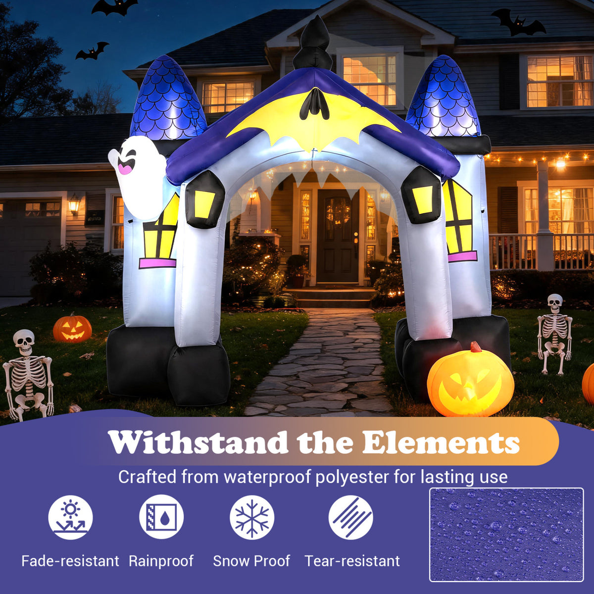 Decorated castle archway on a garden path, with a glowing pumpkin, skeleton figures, and bats around it.
