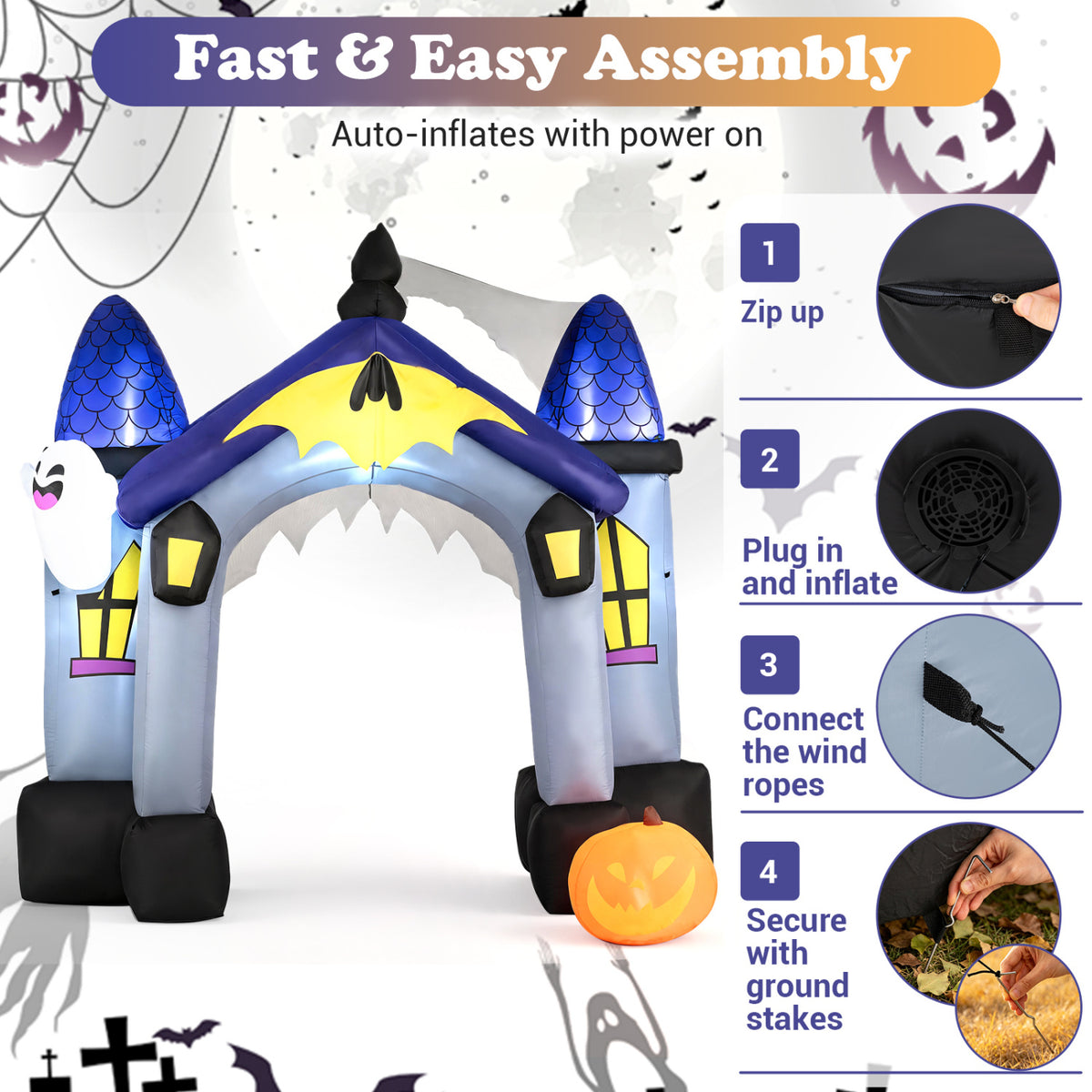 Halloween archway beside circular photos showing a zipper, fan, rope connection, and ground stakes.