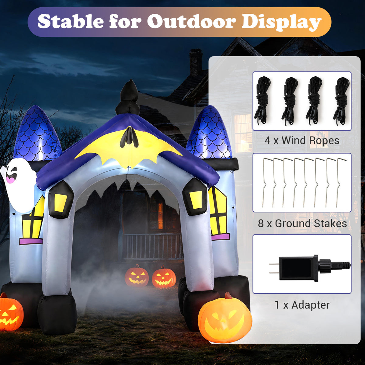 Halloween castle archway displayed at night beside inset pictures of ropes, ground stakes, and an adapter.