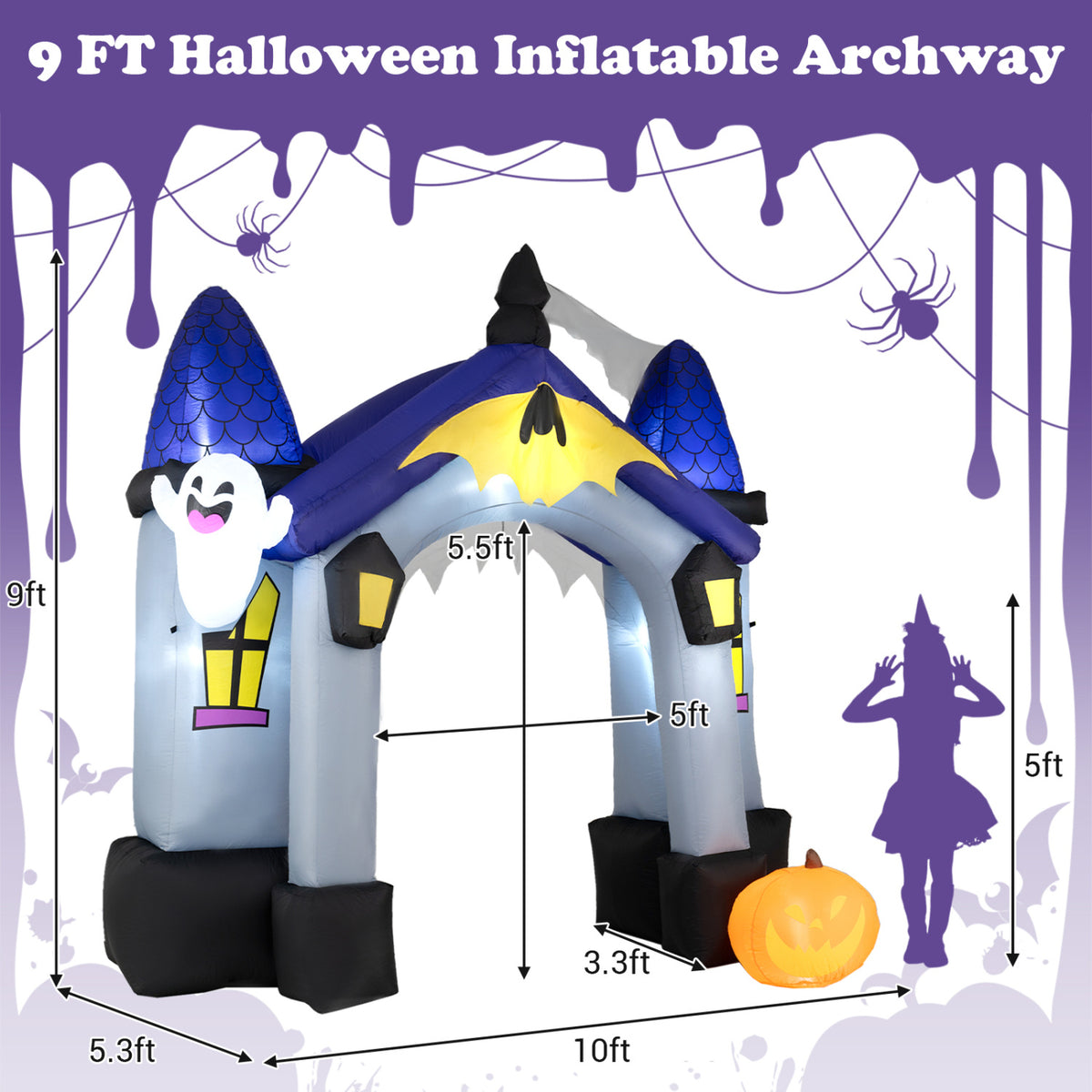 The inflatable Halloween arch is shown with measurement arrows and decorative spiderweb graphics.