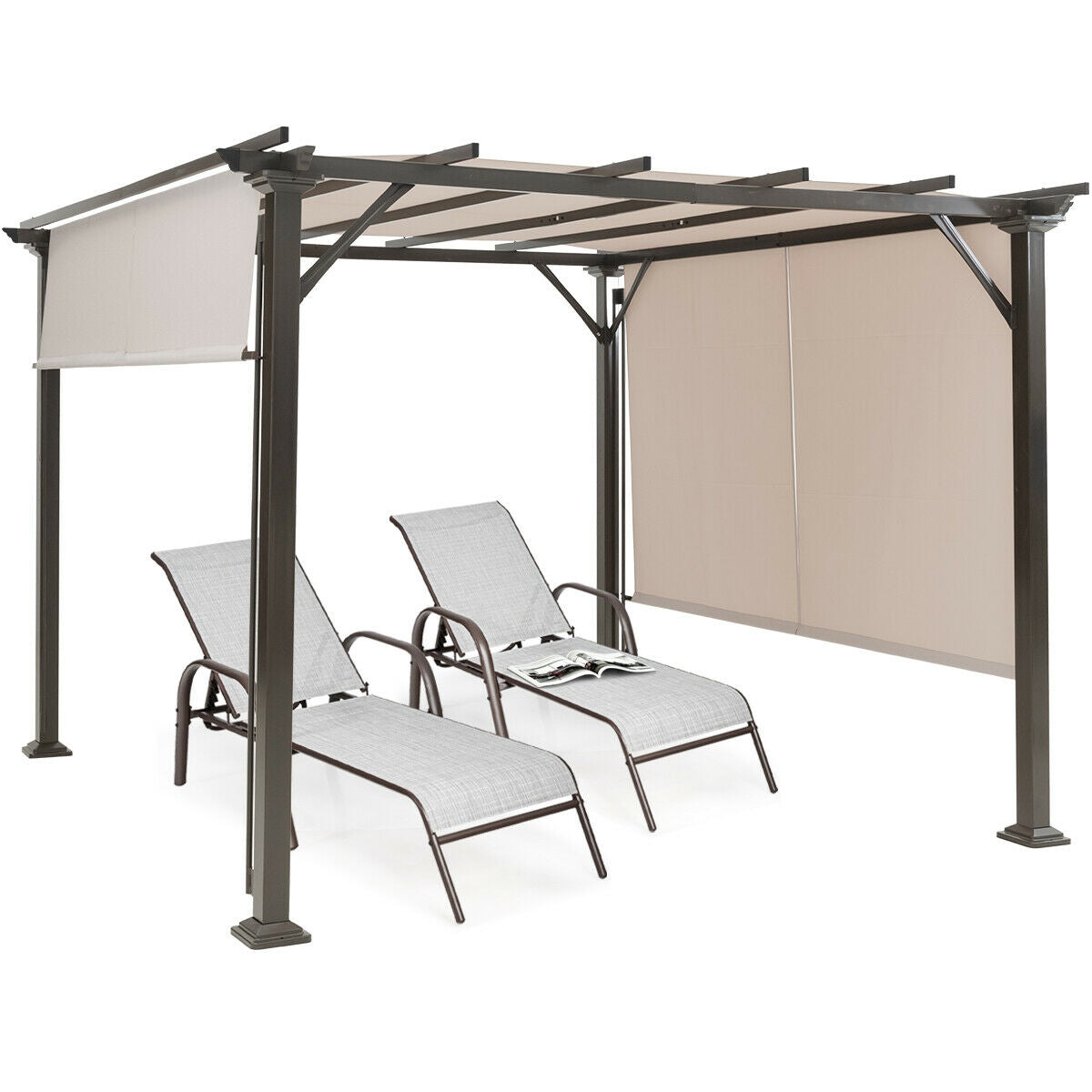Two reclining lounge chairs are arranged beneath the shelter, with beige panels on its sides.