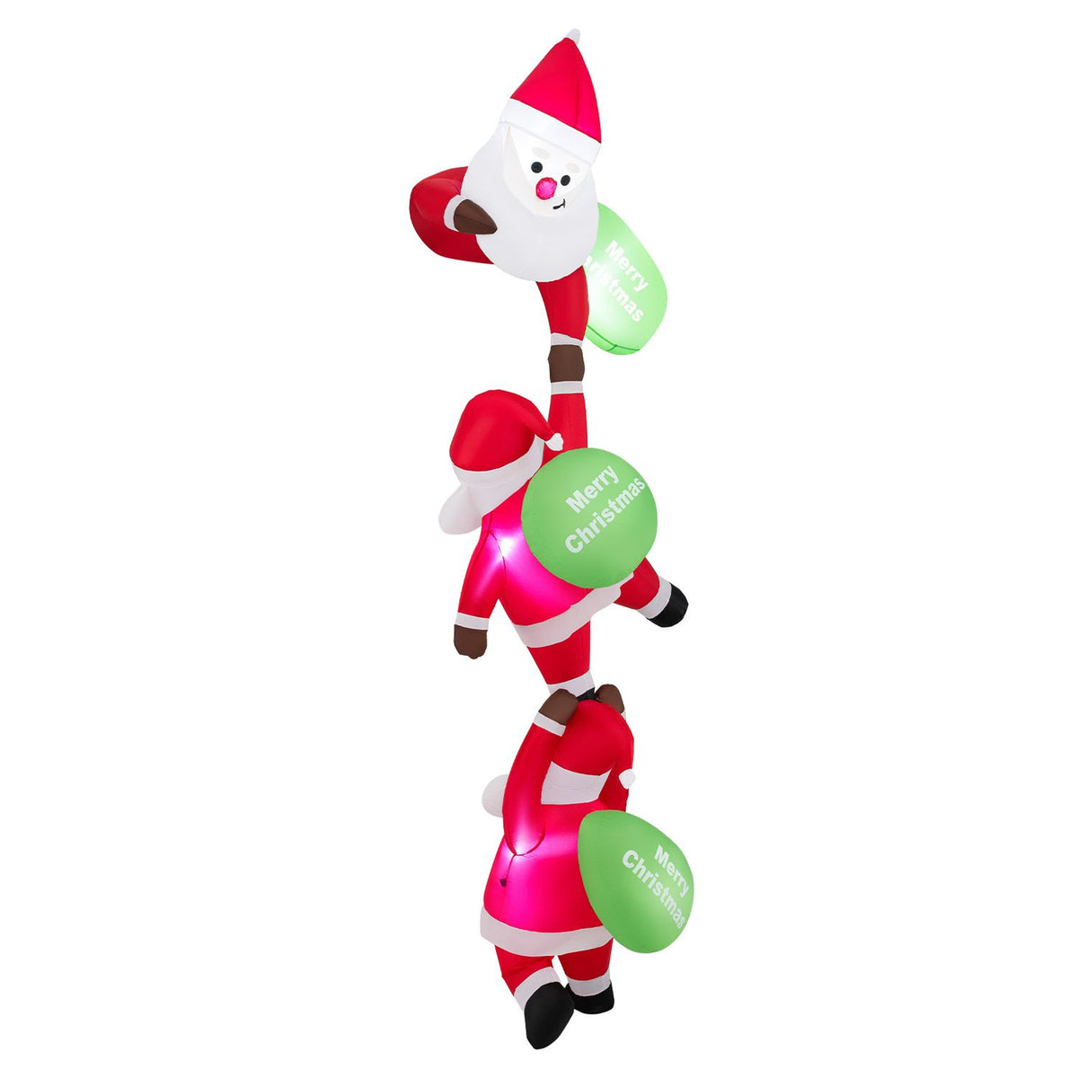 Full view of the red, white and green climbing Santa inflatable on white