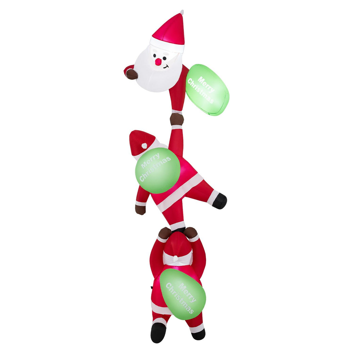 Front view of the three red-suited Santa figures with green gift bags