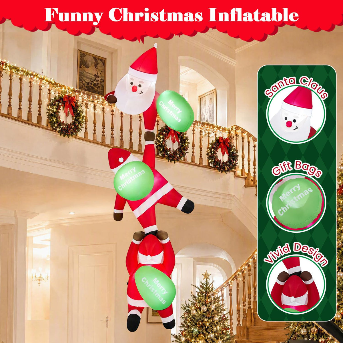 Climbing Santa inflatable shown in a bright indoor holiday setting
