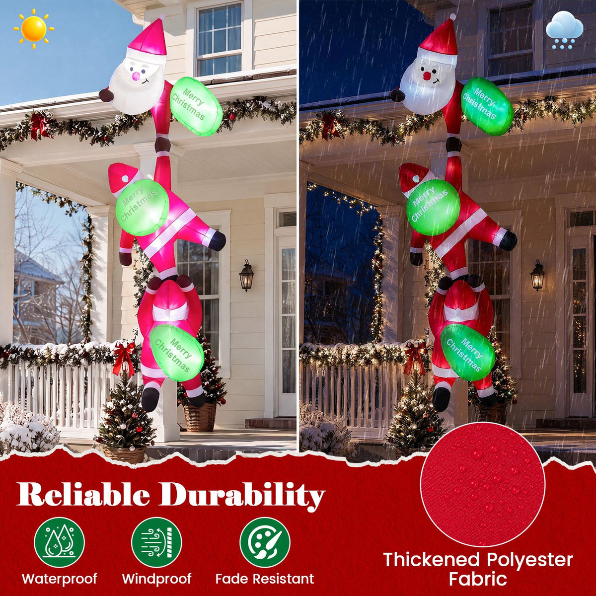 The climbing Santa inflatable is shown on a porch in daylight and at night, with a fabric close-up inset.