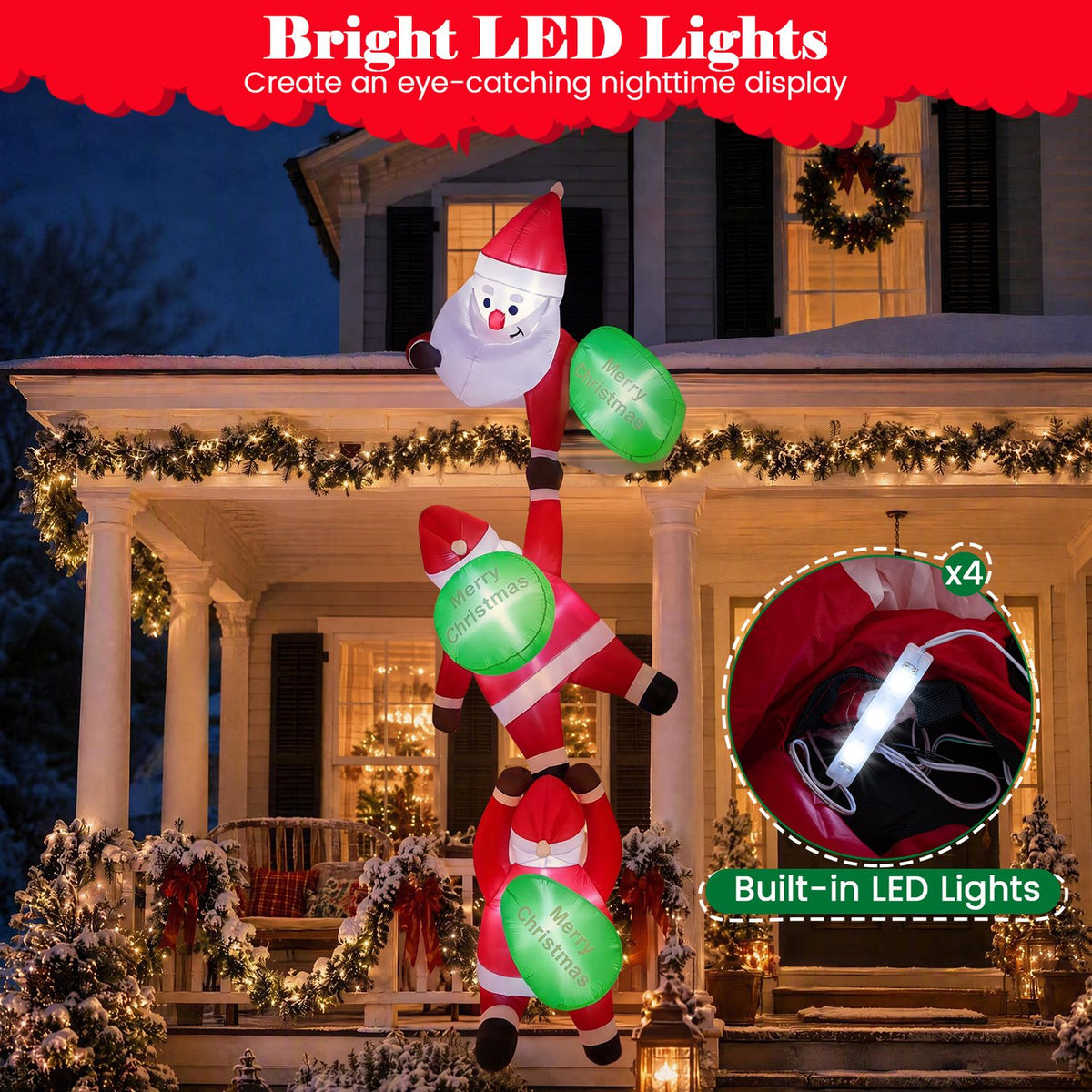 The climbing Santa inflatable glows on a decorated porch, with a close-up inset of its light inside.