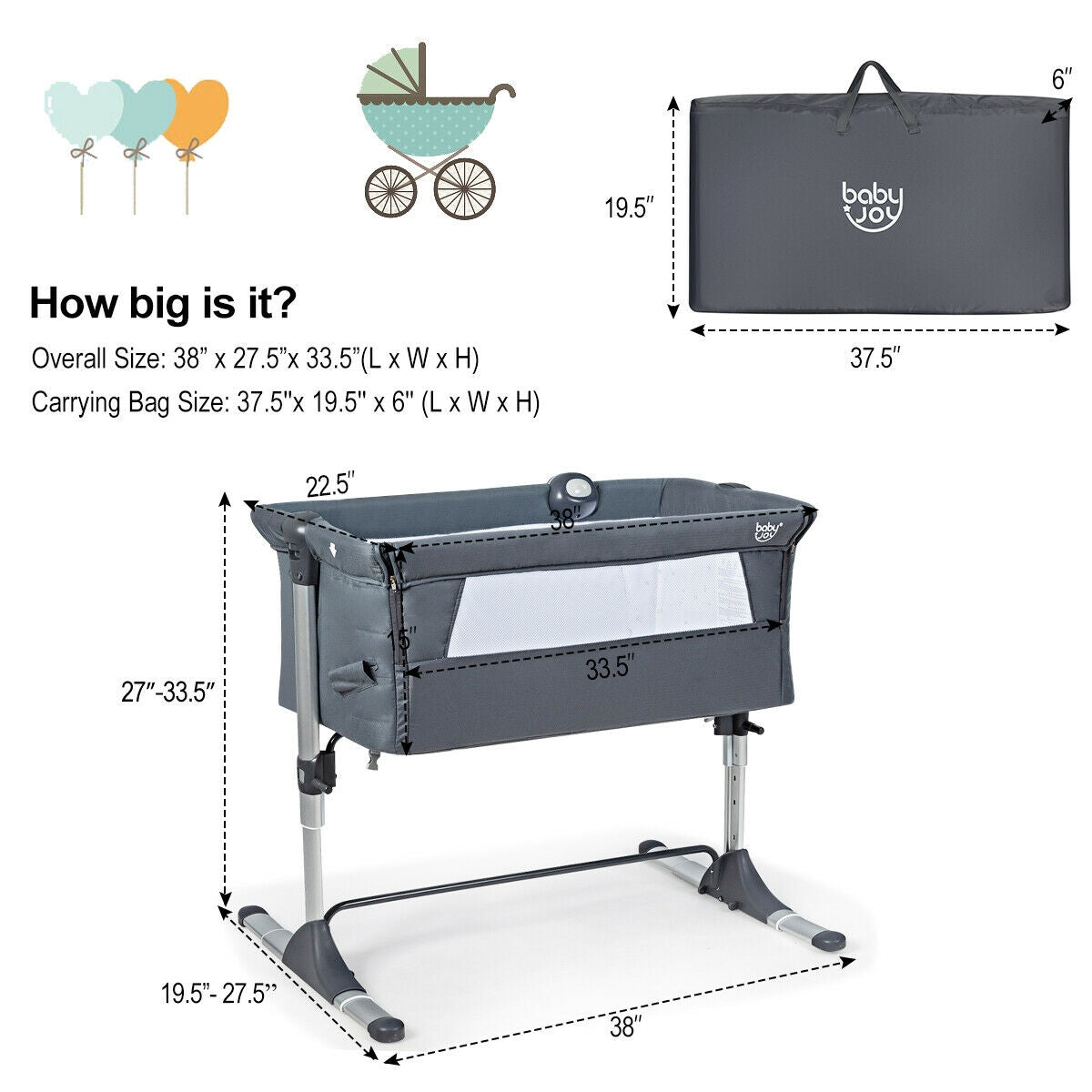Height Adjustable Baby Side Crib with Music Box & Toys, Dark Gray
