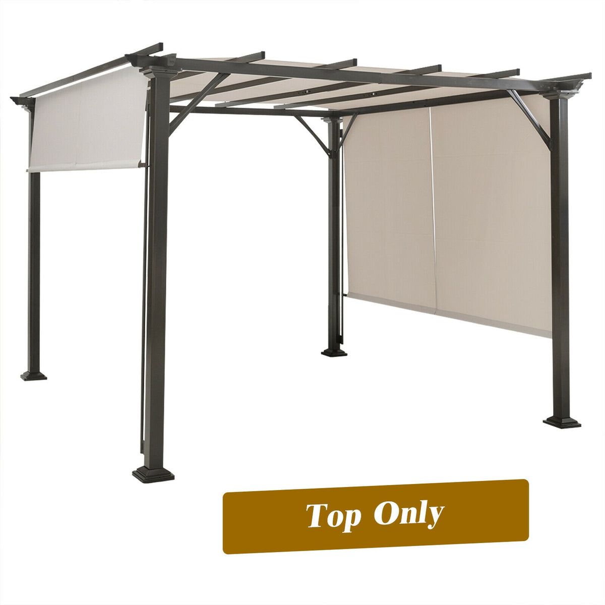 Dark gazebo frame shown with light canopy panels attached along its sides
