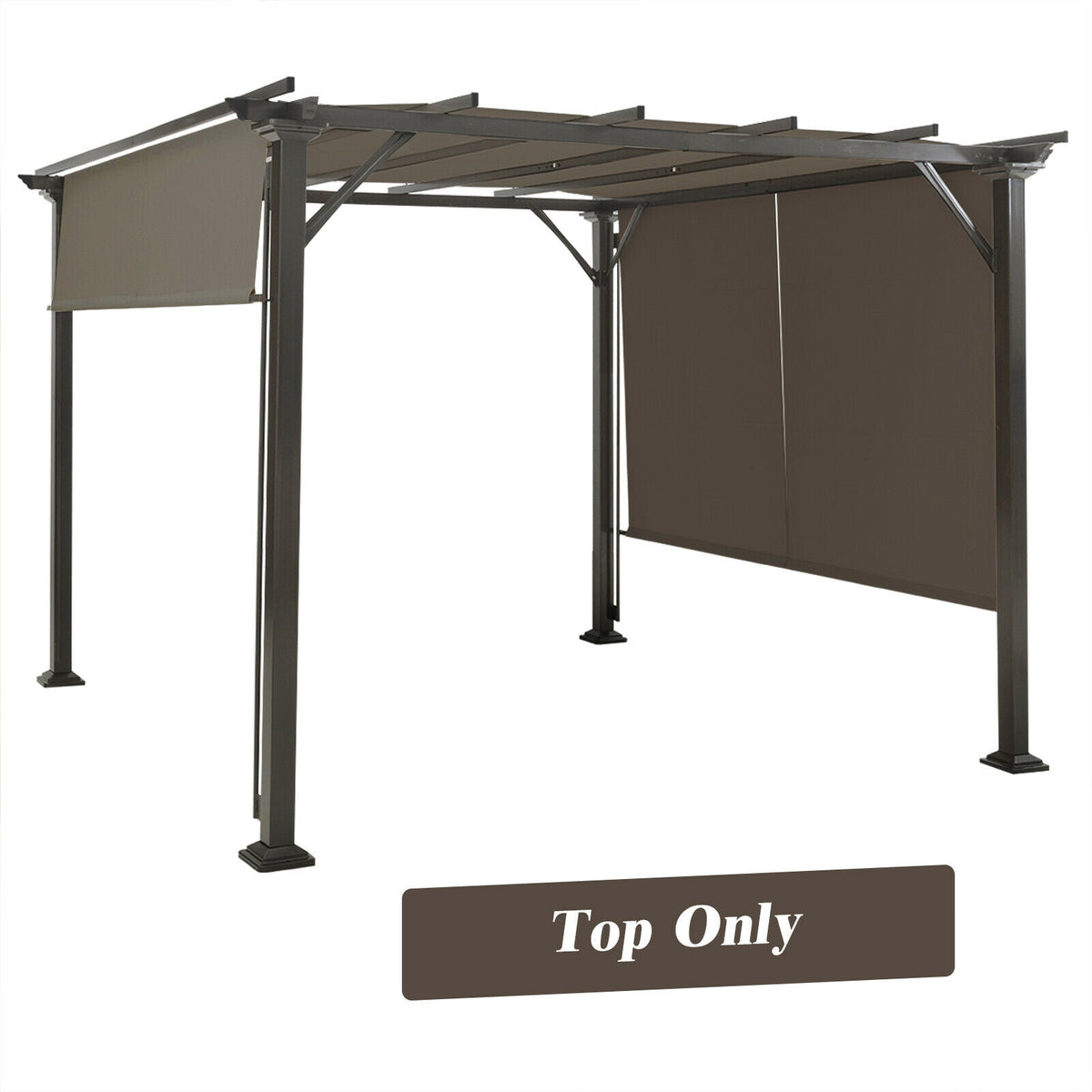 Dark metal gazebo frame shown with gray-brown side shades and an uncovered roof frame.