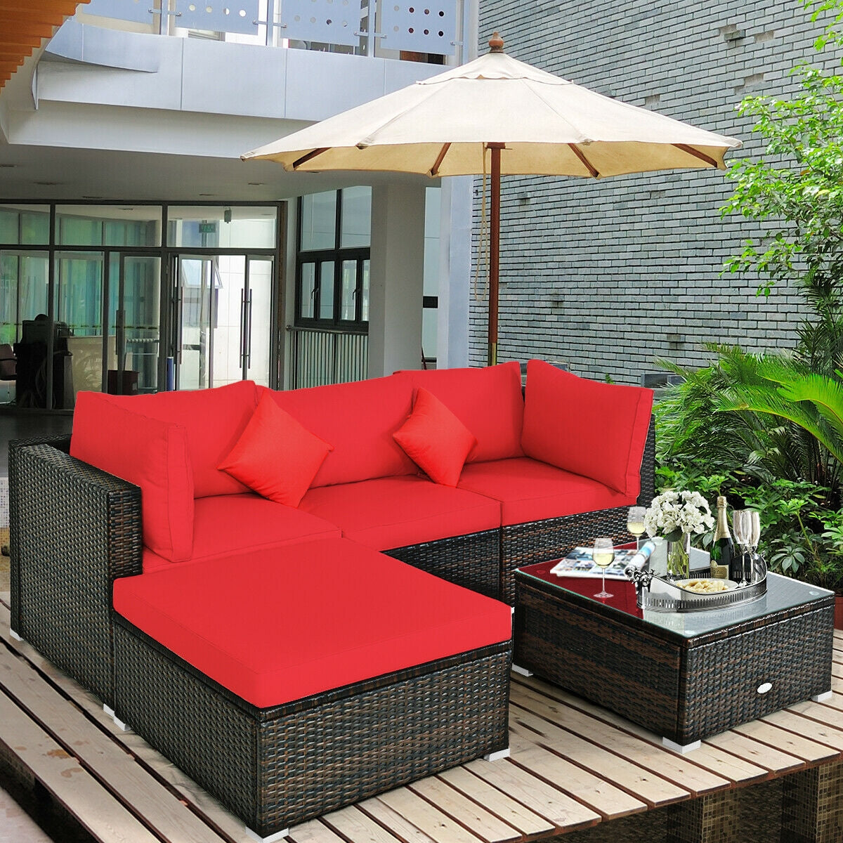 5 Pcs Outdoor Patio Rattan Furniture Set Sectional Conversation with Navy Cushions, Red