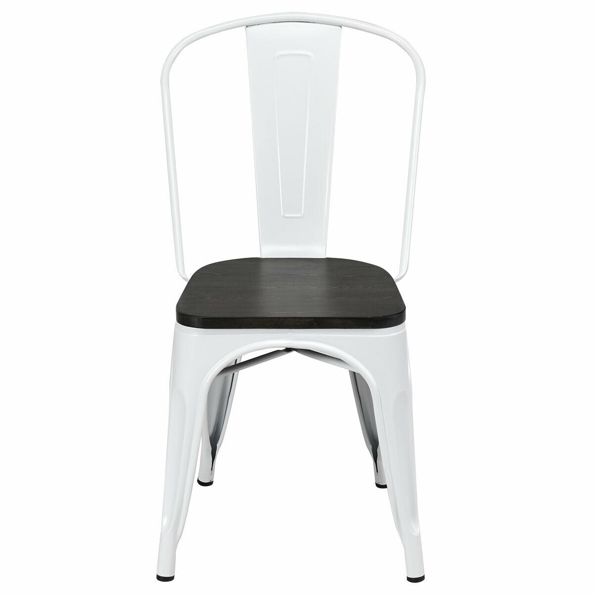 Front view of a white metal chair with a dark wood seat and a rounded open back.