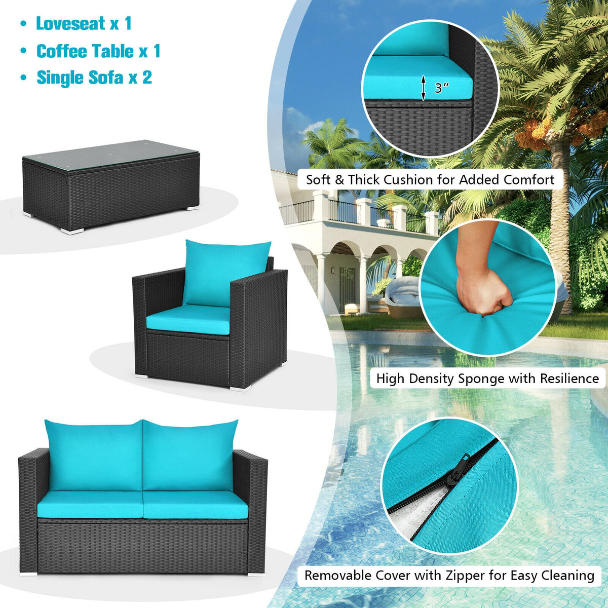 4Pcs Patio Rattan Cushioned Furniture Set