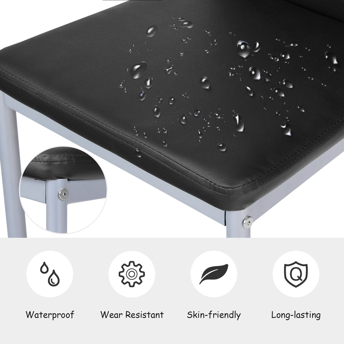 Close view of a black chair seat with water droplets and an inset of the metal leg joint.