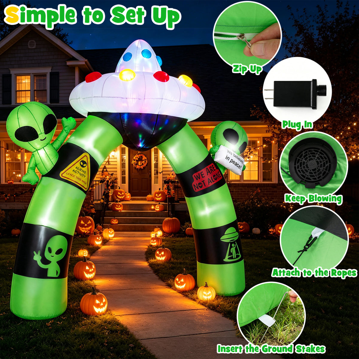 9.8 FT Alien Halloween Inflatable Archway with Lights Outdoor Lighted Blow Up Arch Decoration