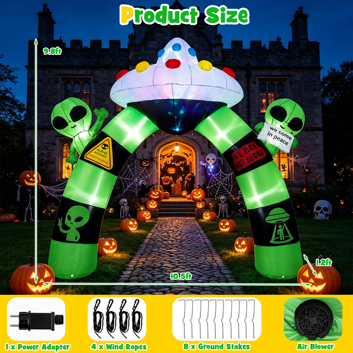 9.8 FT Alien Halloween Inflatable Archway with Lights Outdoor Lighted Blow Up Arch Decoration