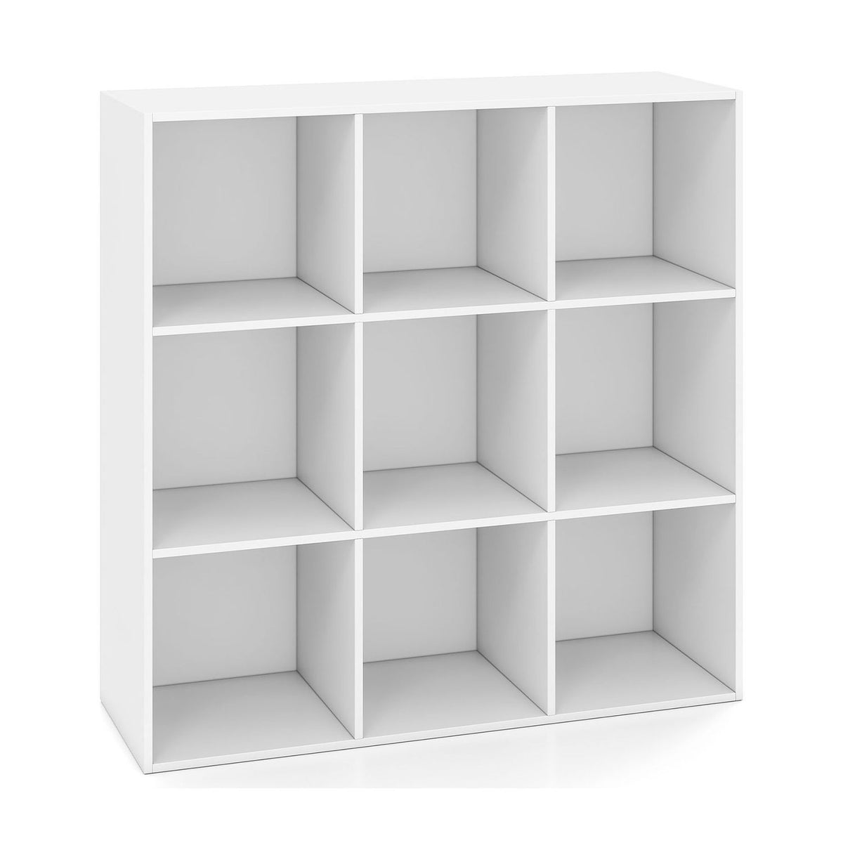 White bookcase shown empty, with nine open compartments arranged in a three-by-three grid.