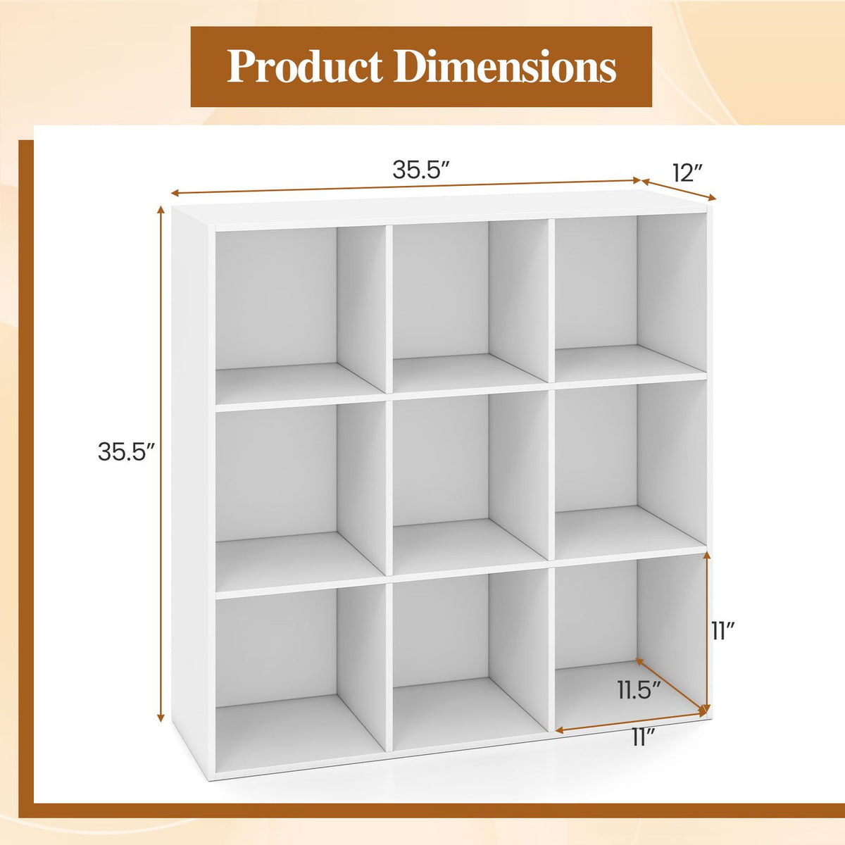 White cube bookcase shown from the front at an angle, with arrows marking its outer and cubby dimensions.