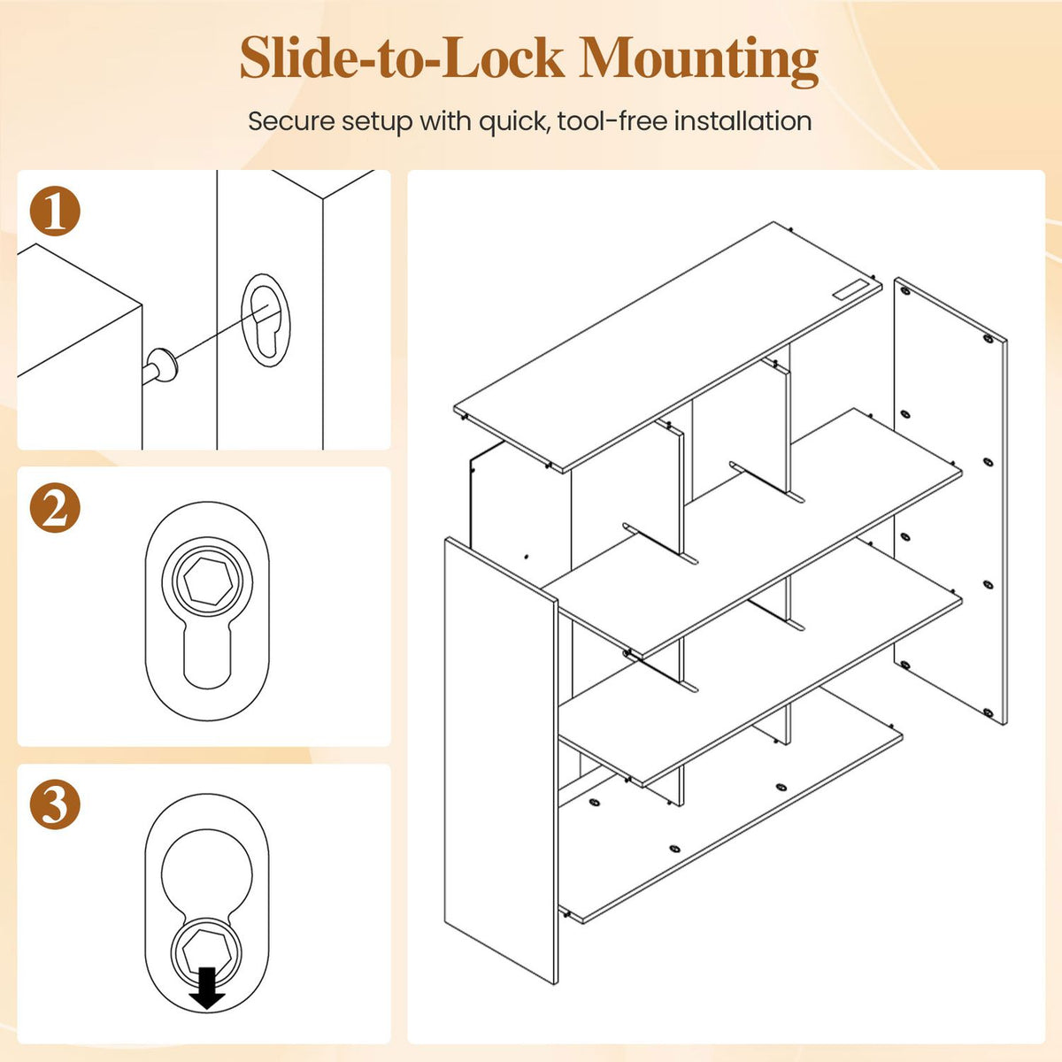 Exploded line drawing shows panels and shelves being joined, alongside three close-up mounting illustrations.