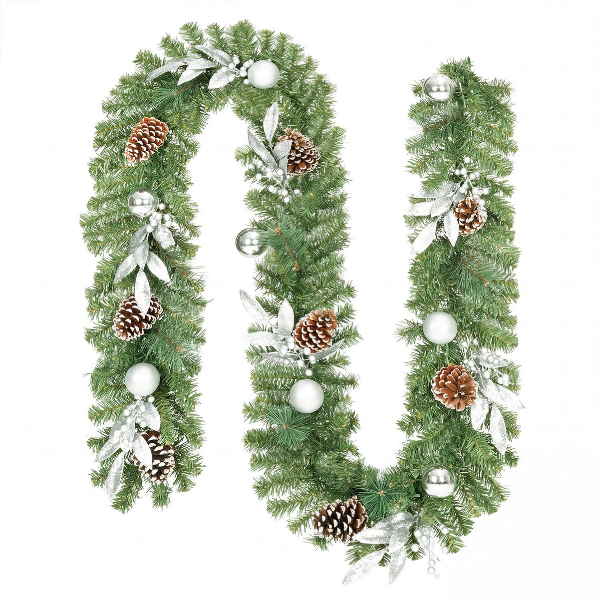 Green Christmas garland arranged in a loop, decorated with pinecones, silver ornaments and white foliage.