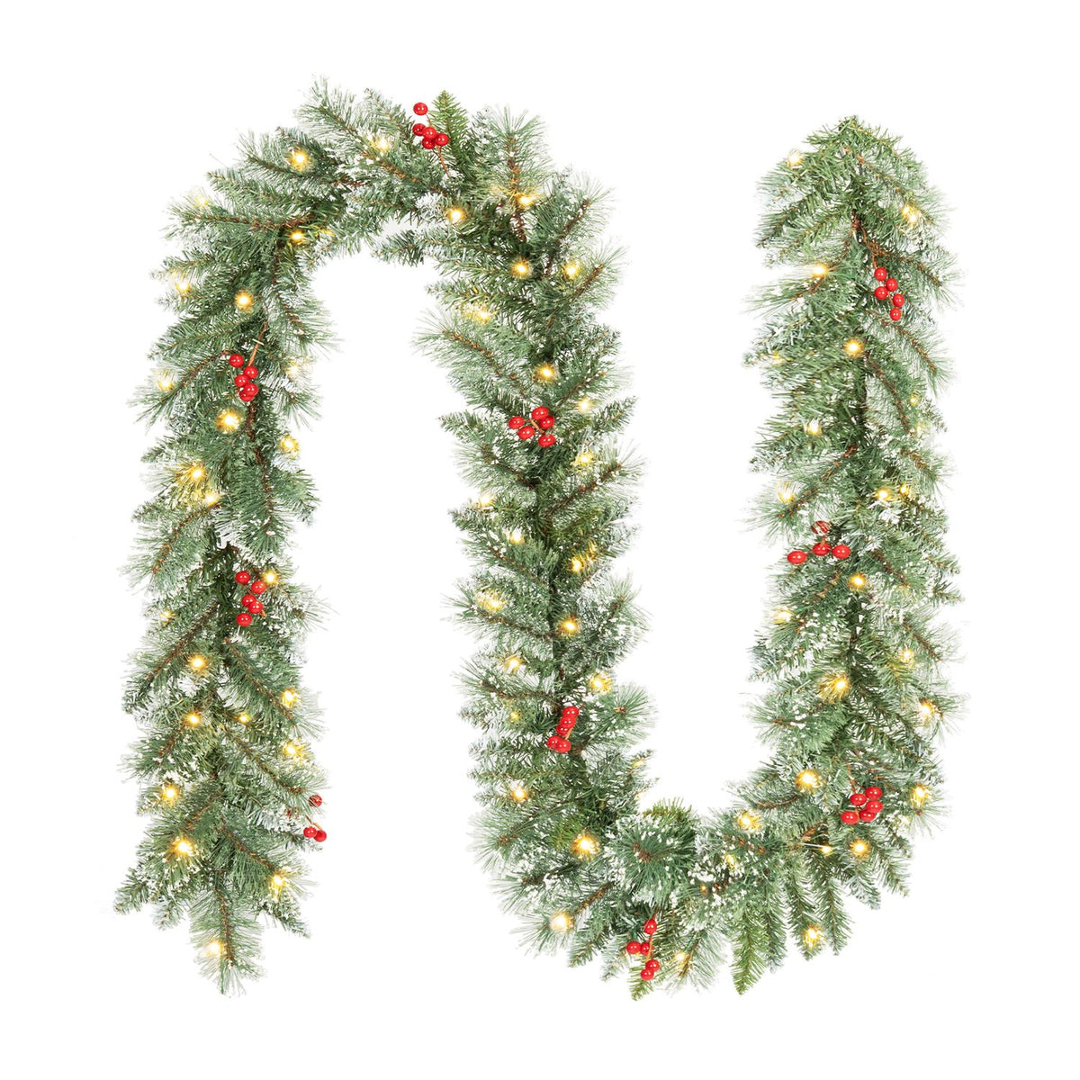 A lit green garland with red berry accents is arranged in a long, loose U shape against white.