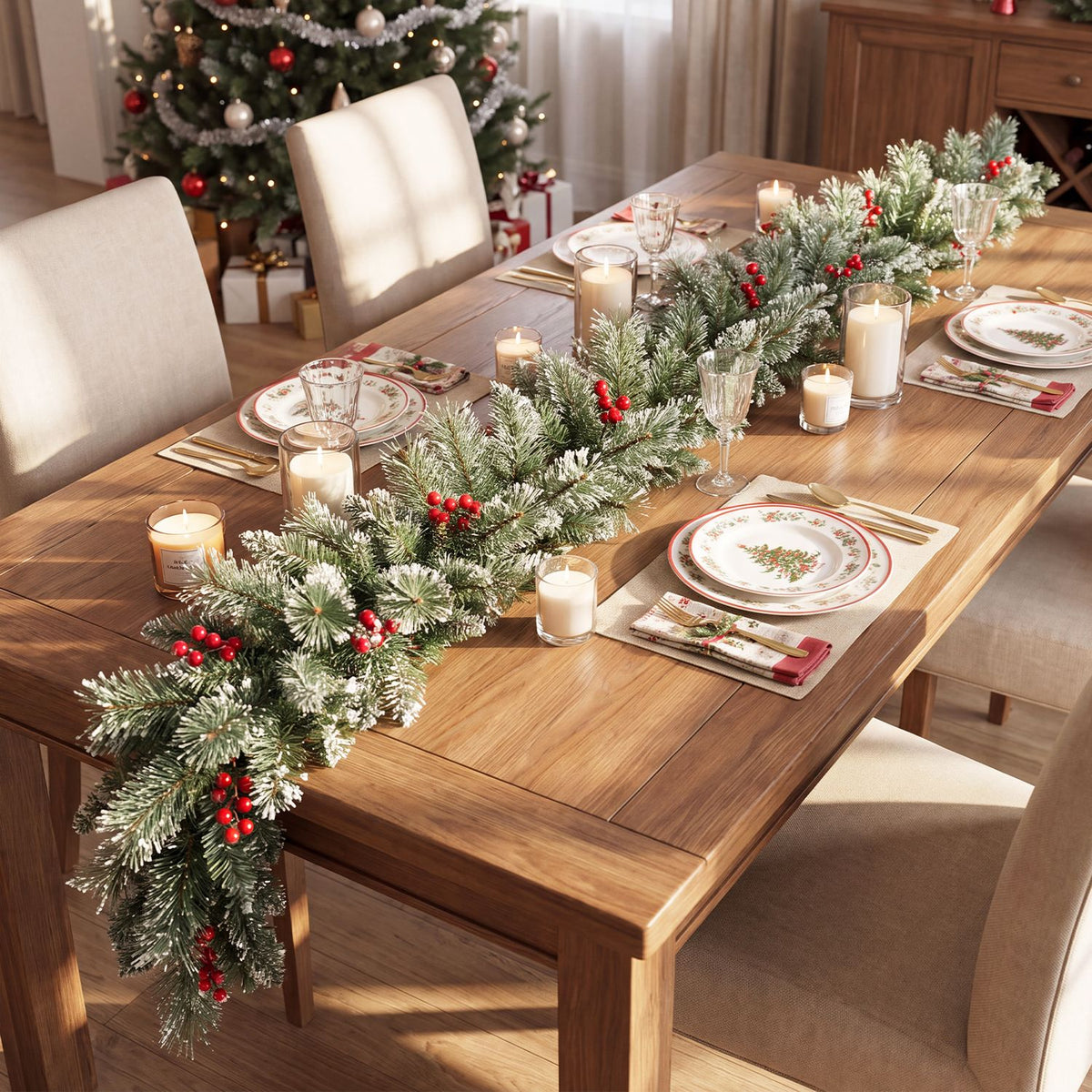 Frosted evergreen garland with red berries and warm lights arranged along a dining table.