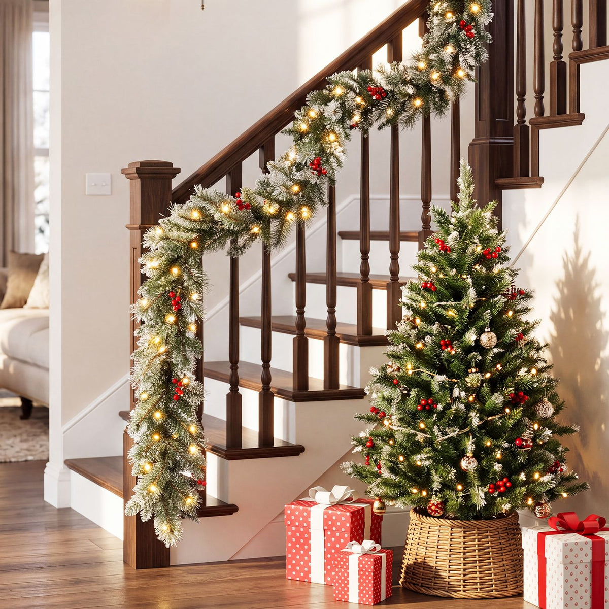 Lit frosted garland draped along a wooden staircase beside a decorated Christmas tree.