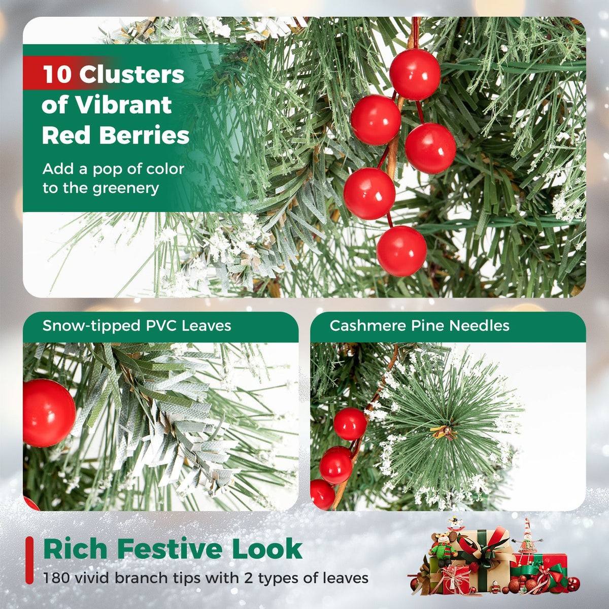 Close-ups show red berry clusters, snow-tipped greenery, and pine needles on the garland.