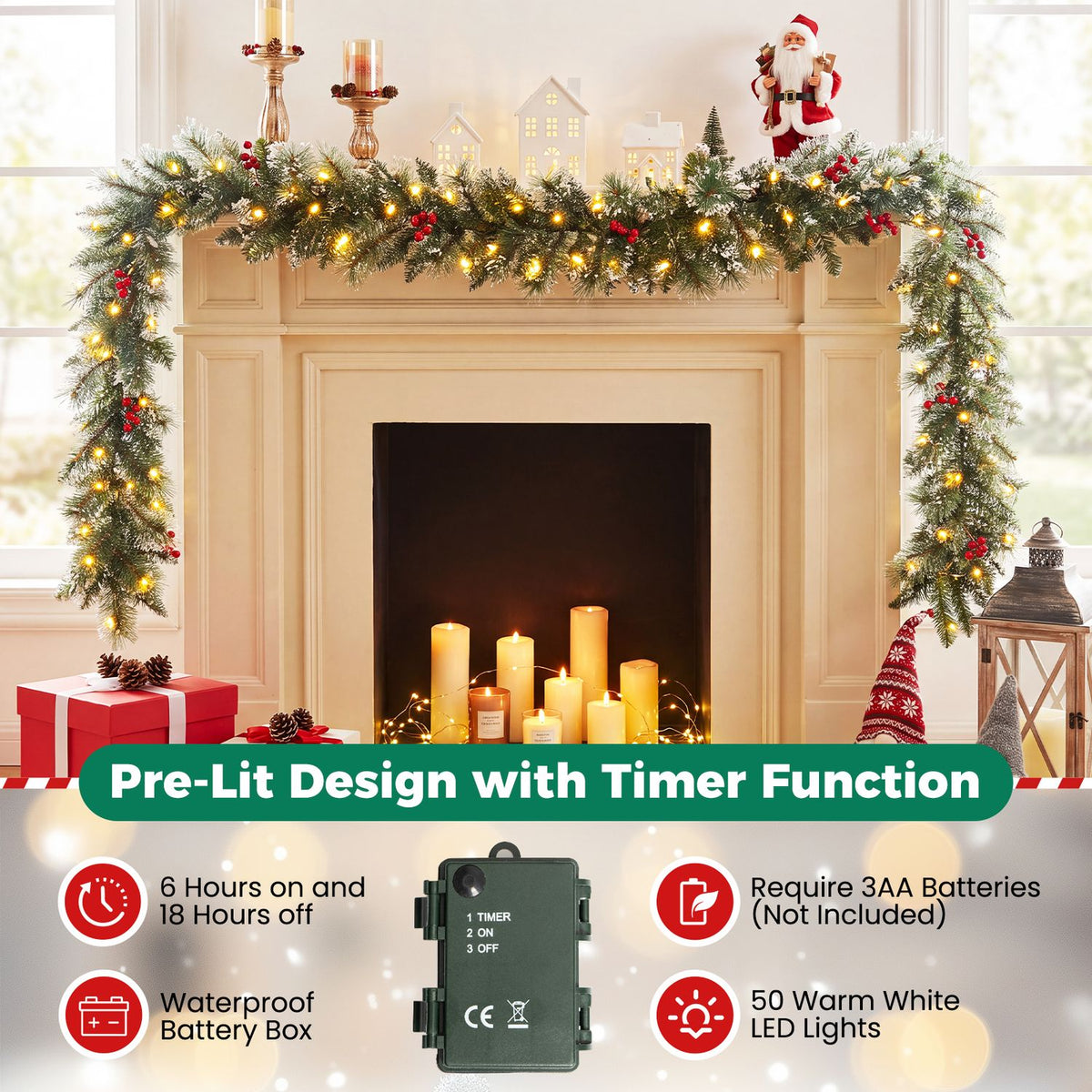 Glowing frosted garland draped across a fireplace mantel, with candles and holiday decorations nearby.
