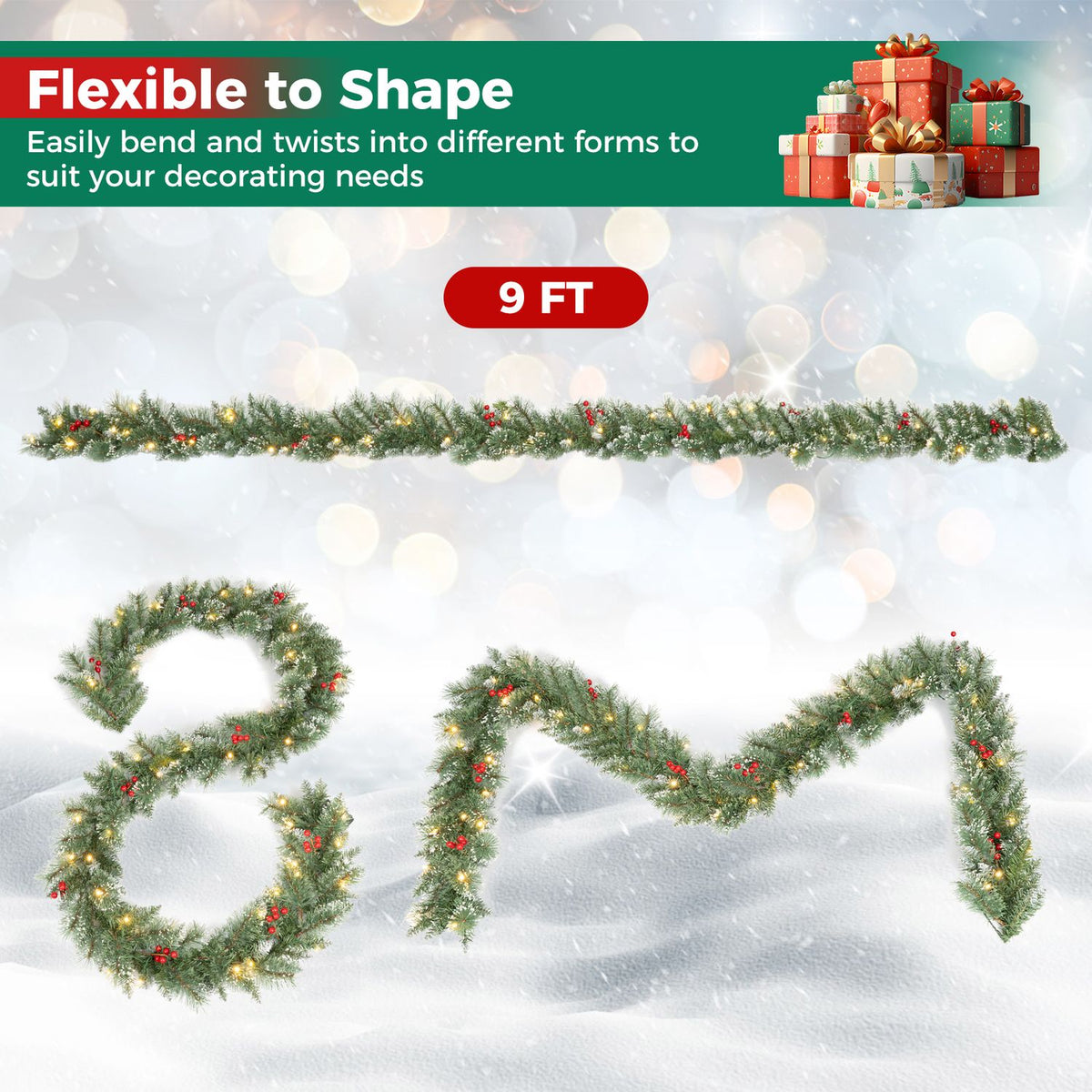 The garland is shown straight and in several curved shapes against a snowy background.