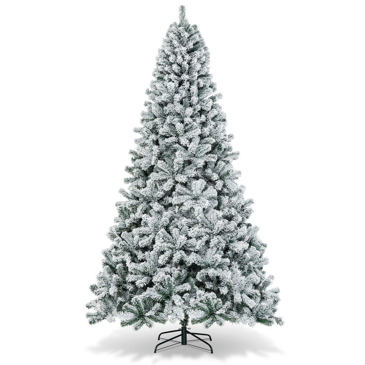 Snow-flocked artificial tree shown alone on a black metal stand against a white background.