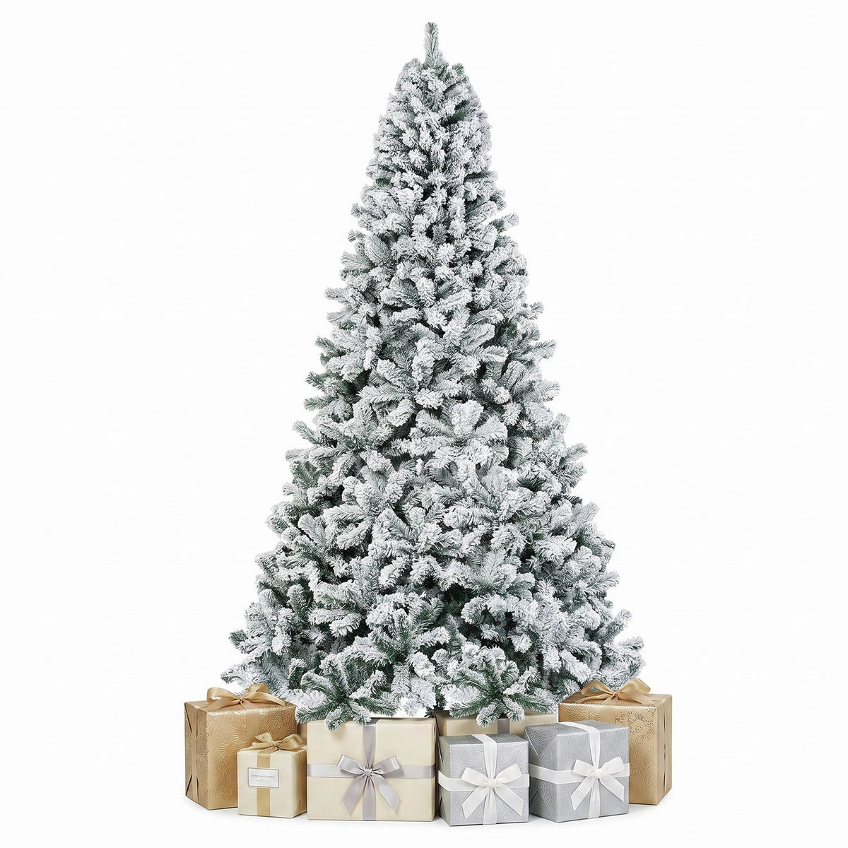 Snow-flocked artificial tree on a white background, with several wrapped gift boxes arranged at its base.