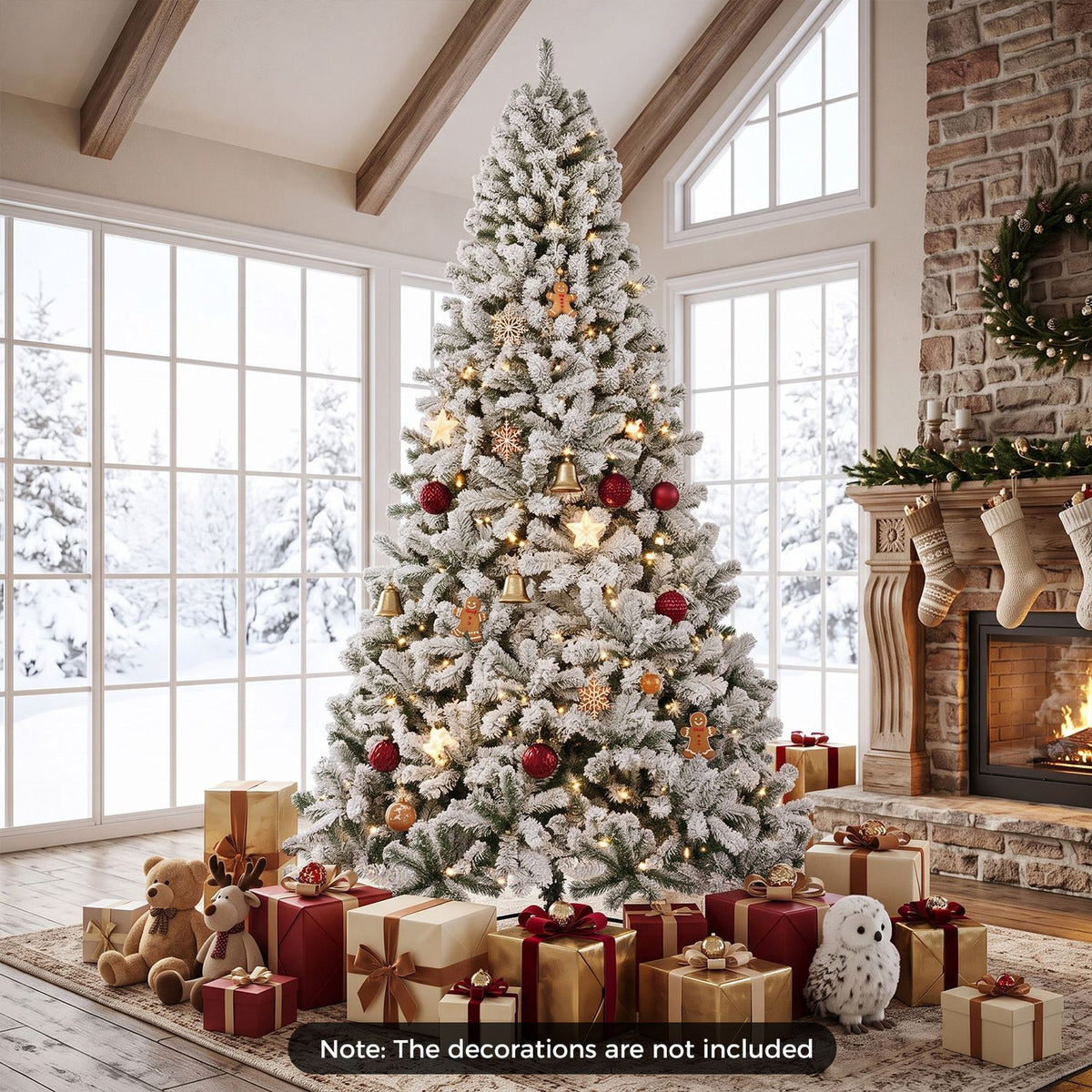 Snow-flocked Christmas tree with glowing lights and ornaments in a bright room, surrounded by wrapped gifts.